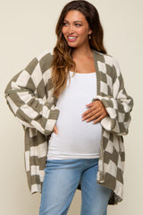 Olive Checkered Print Oversized Maternity Cardigan