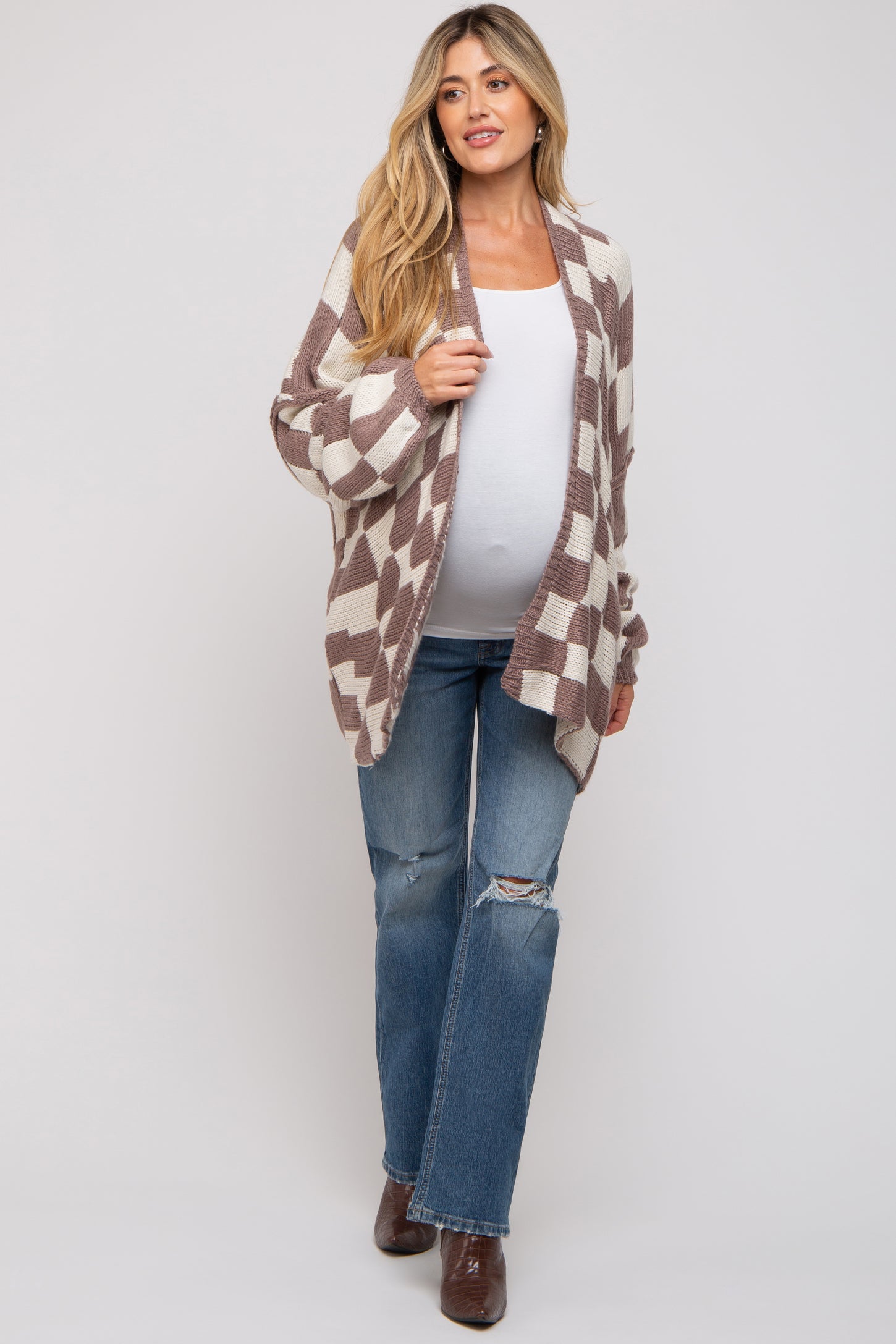 Taupe Checkered Print Oversized Maternity Cardigan