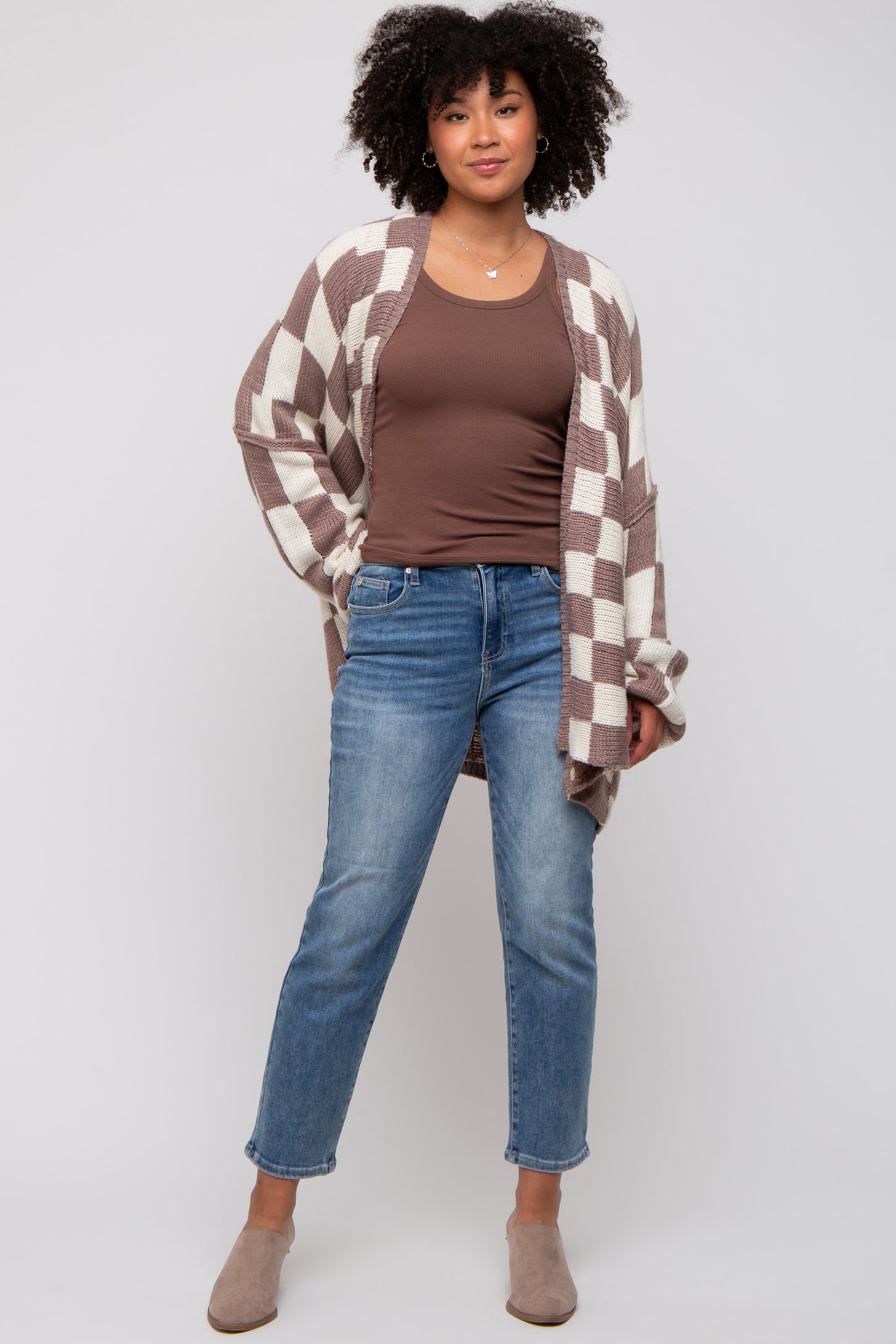 Taupe Checkered Print Oversized Cardigan