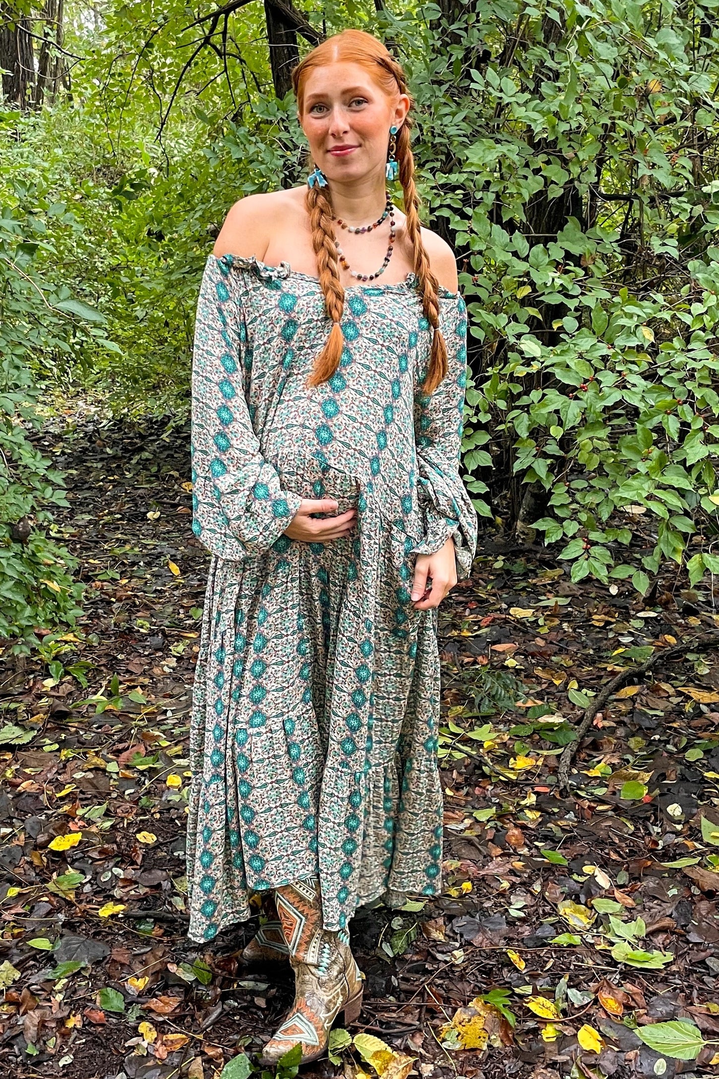 Turquoise Floral Front Tie Tiered Maternity Midi Dress