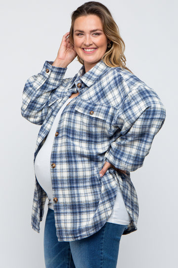 Navy Blue Flannel Plaid Button Up Maternity Plus Shacket