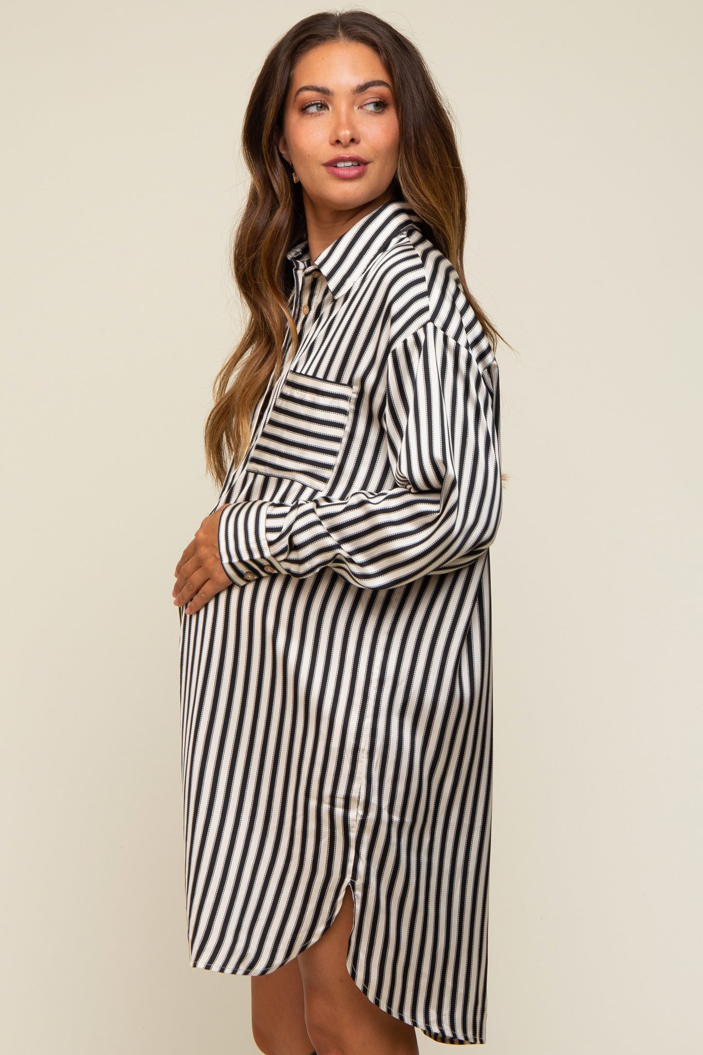 Black Cream Striped Collared Button-Down Maternity Dress