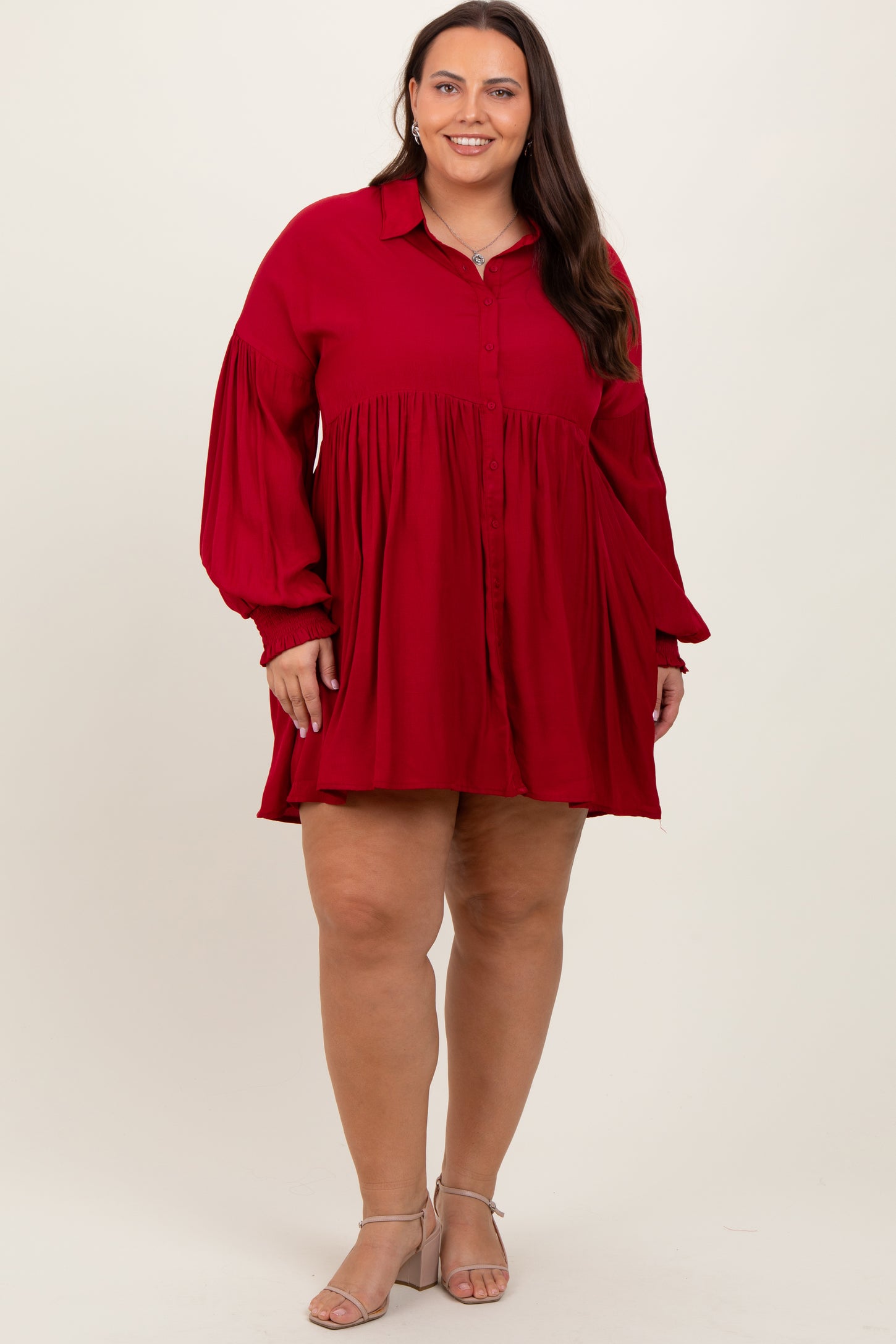 Red Button Down Maternity Plus Dress