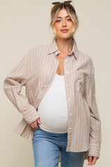 Beige Striped Button Up Long Sleeve Linen Maternity Top