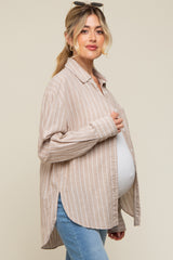 Beige Striped Button Up Long Sleeve Linen Maternity Top