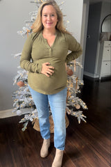 Olive Button Front Soft Knit Long Sleeve Henley Maternity Top