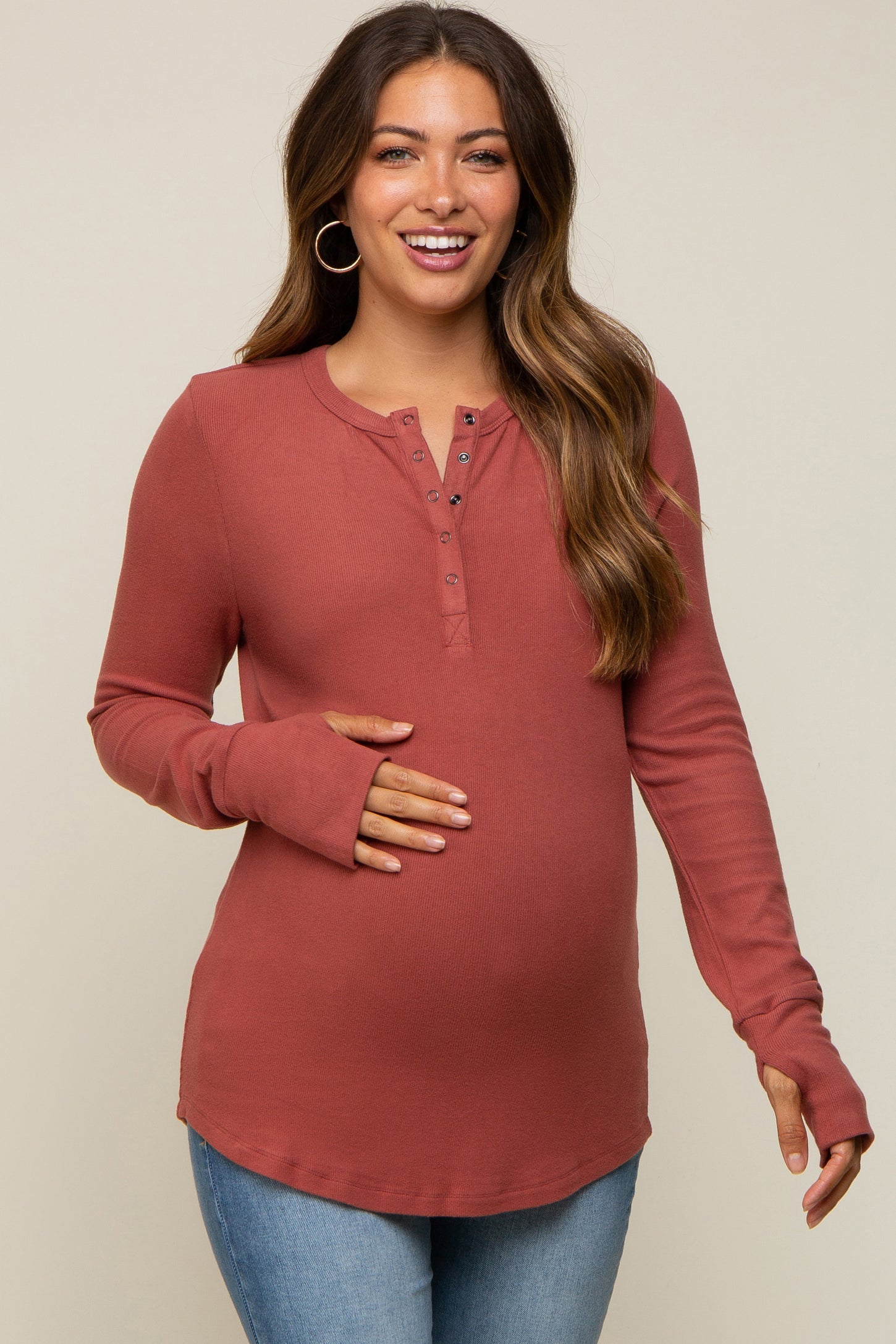Rust Button Front Soft Knit Long Sleeve Henley Maternity Top