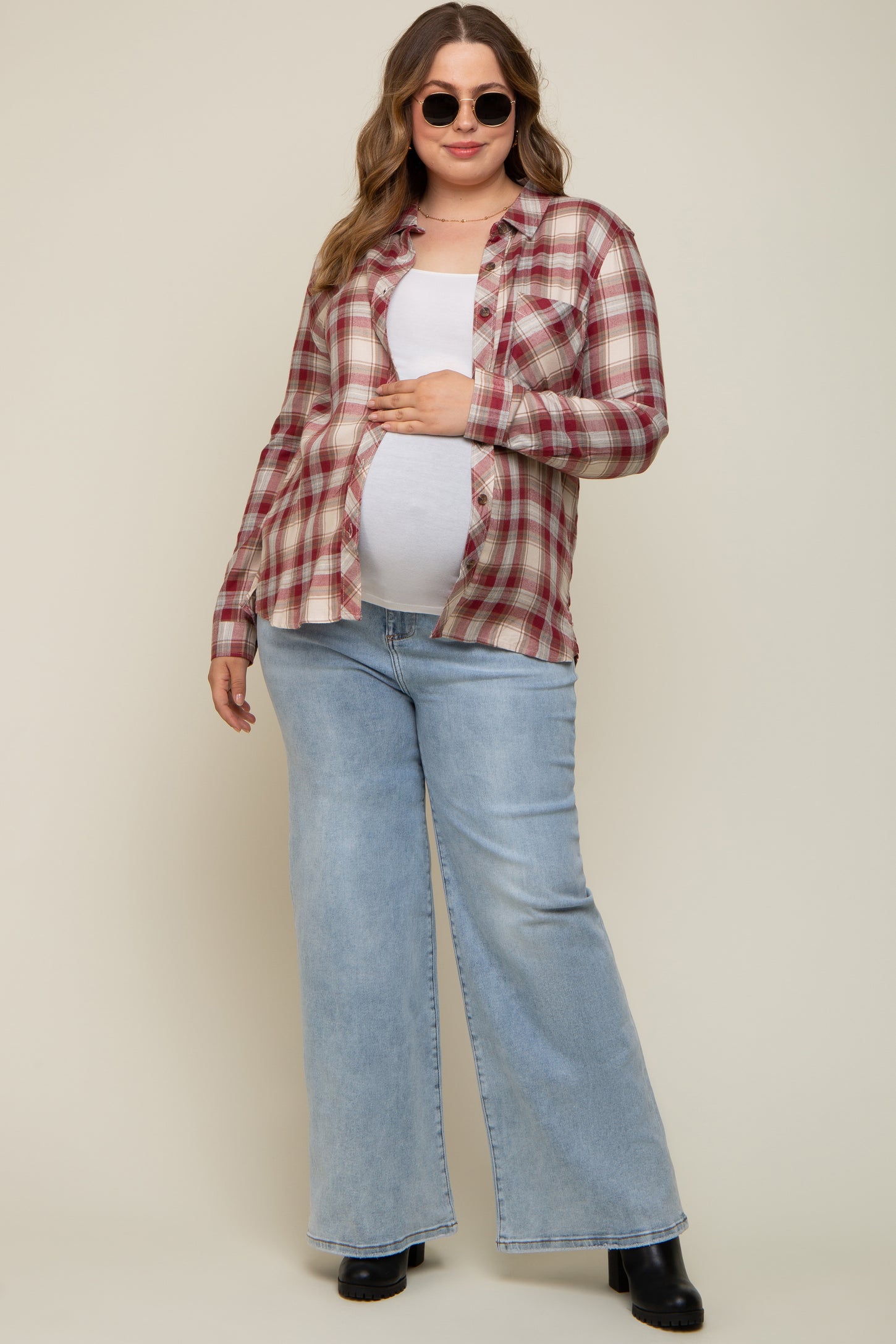 Burgundy Flannel Plaid Button Up Maternity Top