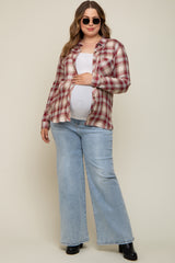 Burgundy Flannel Plaid Button Up Maternity Top