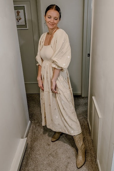 Beige Gauze Embroidery Smocking Tiered Gradient  Dress