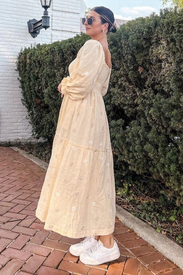 Beige Gauze Embroidery Smocking Tiered Gradient  Dress