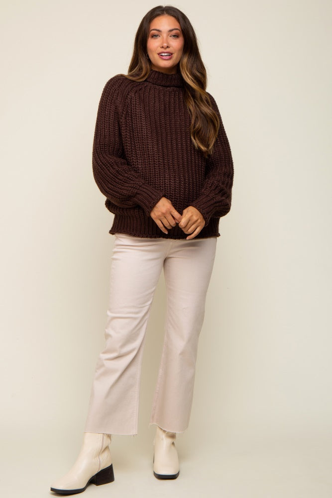 Brown Chunky Knit Mock Neck Maternity Sweater