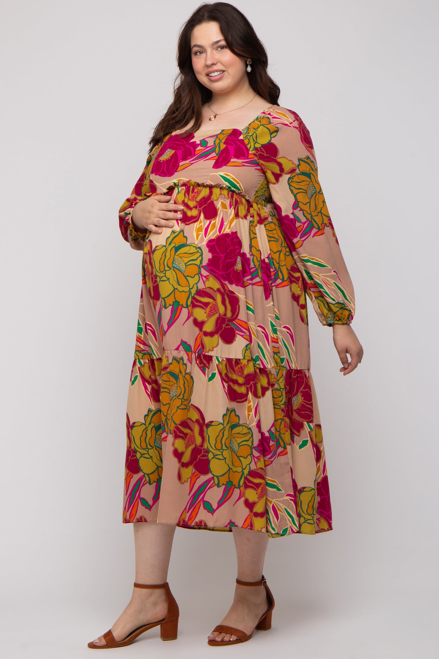 Mocha Floral Long Sleeve Maternity Plus Midi Dress
