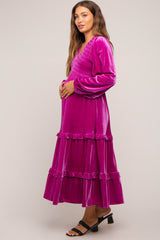 Magenta Velvet Smocked Maternity Midi Dress