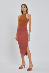 Mauve Ribbed Fitted Side Slit Midi Skirt