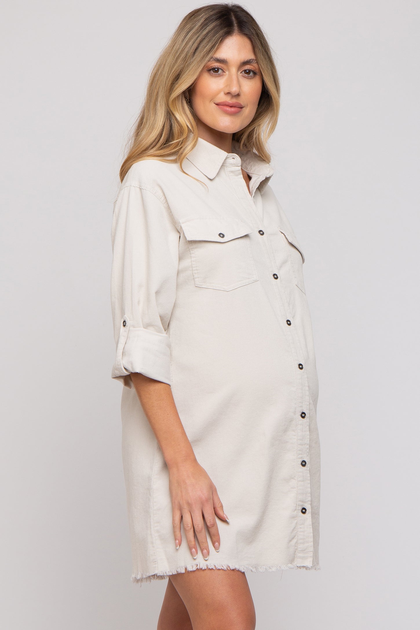 Cream Corduroy Button Front Fringe Hem Maternity Dress