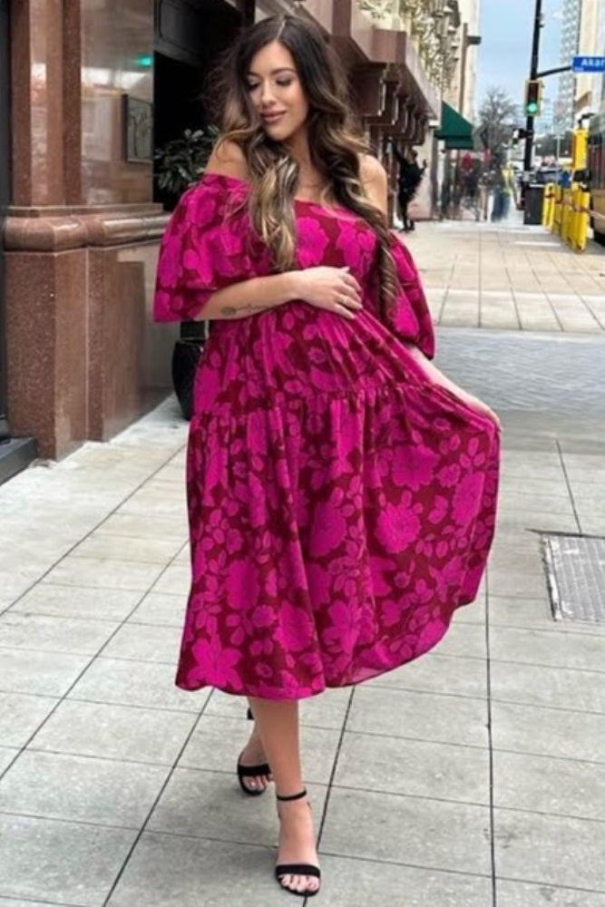 Magenta Floral Puff Sleeve Tiered Maternity Dress