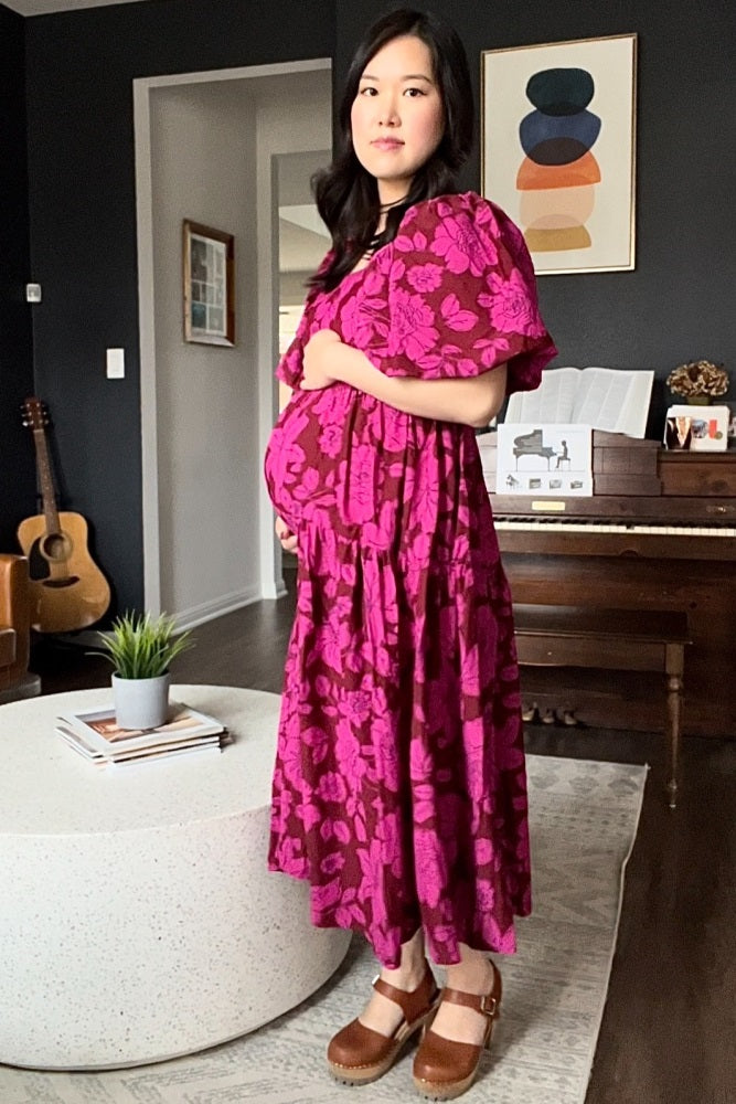Magenta Floral Puff Sleeve Tiered Maternity Dress
