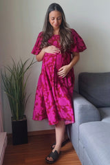 Magenta Floral Puff Sleeve Tiered Maternity Dress