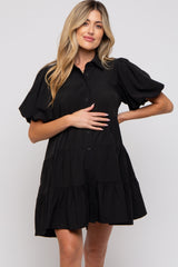 Black Puff Sleeve Maternity Mini Shirt Dress