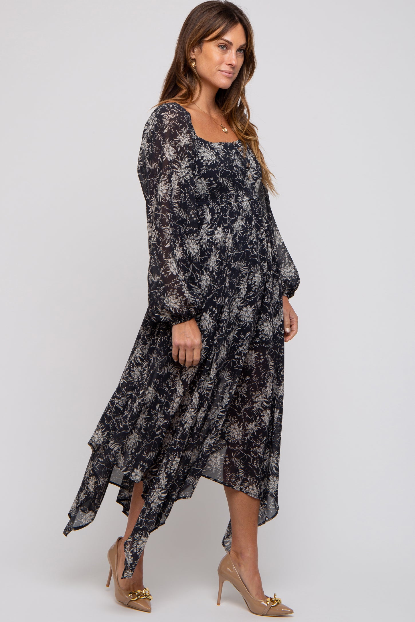 Charcoal Floral Chiffon Square Neck Button Front Midi Dress