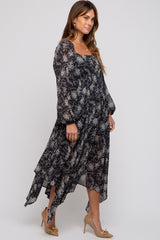 Charcoal Floral Chiffon Square Neck Button Front Midi Dress