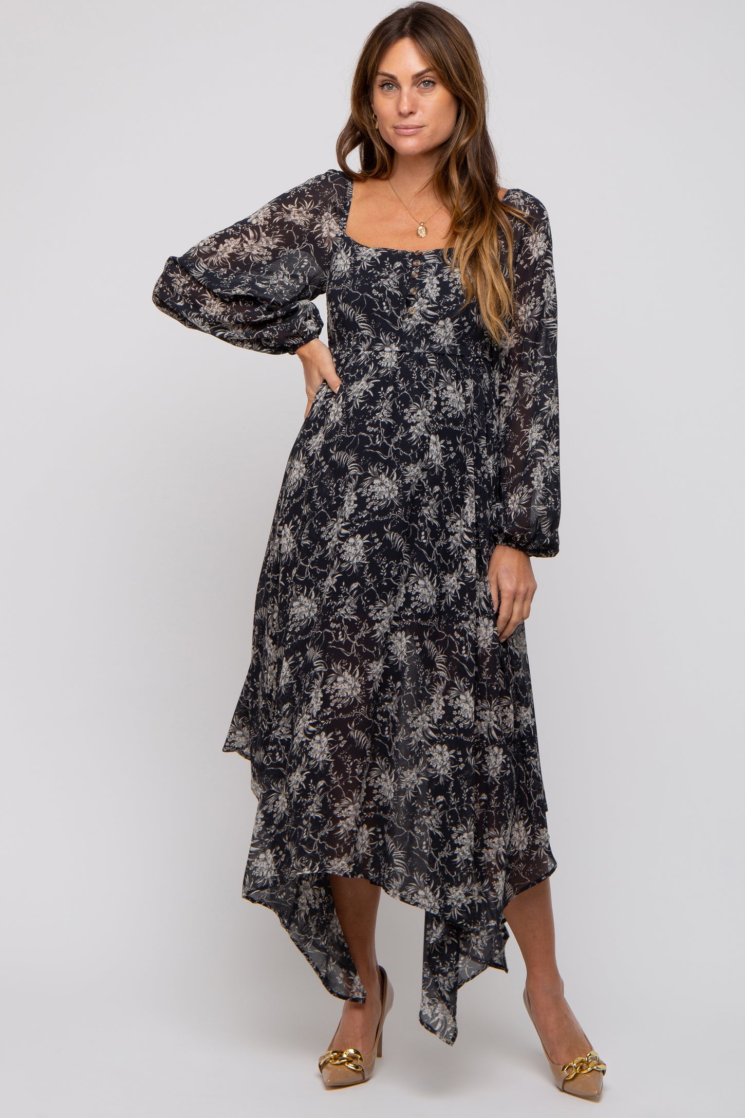 Charcoal Floral Chiffon Square Neck Button Front Midi Dress