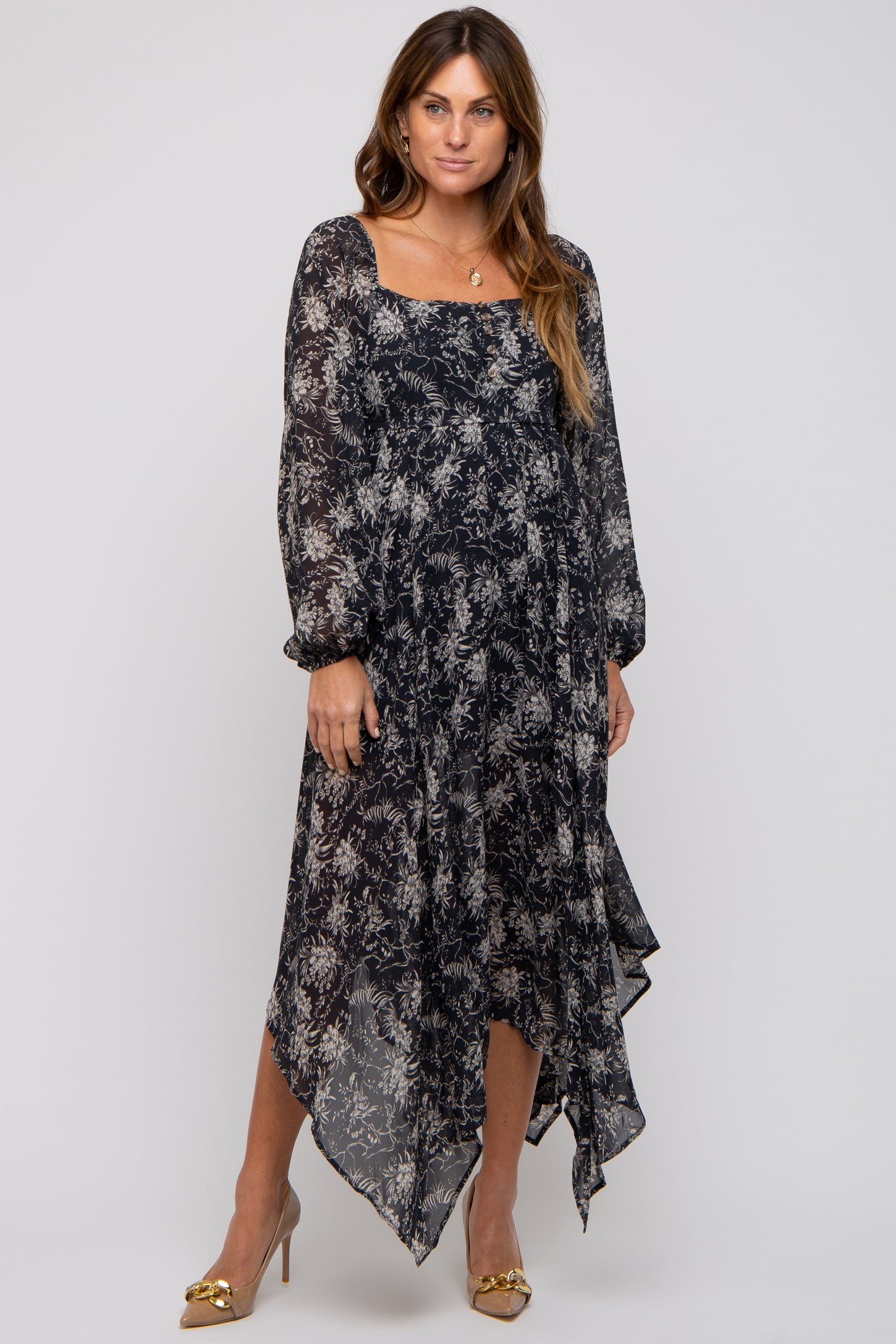 Charcoal Floral Chiffon Square Neck Button Front Midi Dress