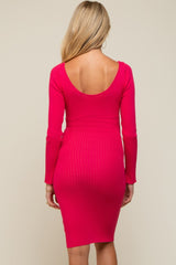 Magenta Ribbed Knit Long Sleeve Fitted Maternity Dress