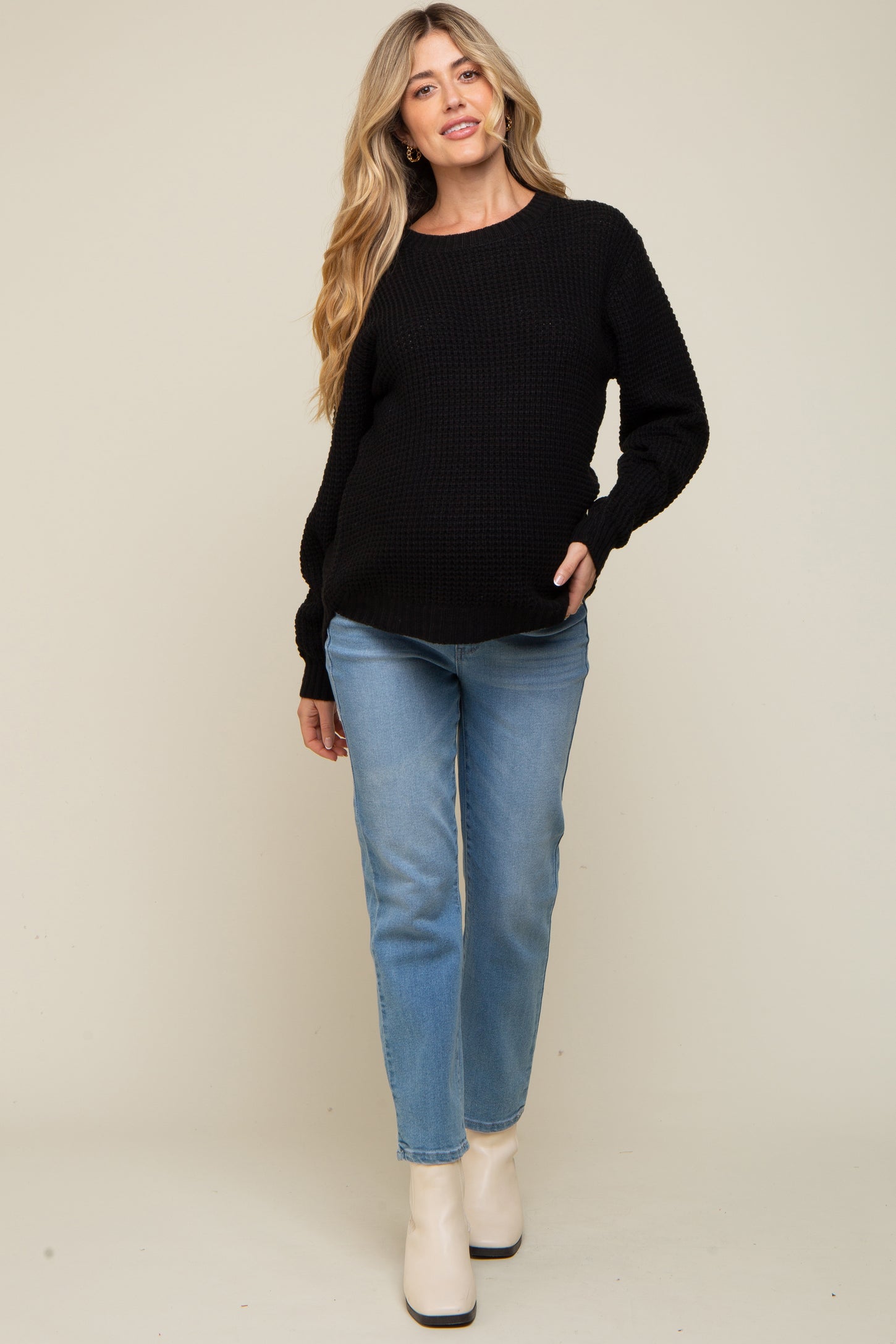 Black Waffle Knit Round Hem Maternity Sweater