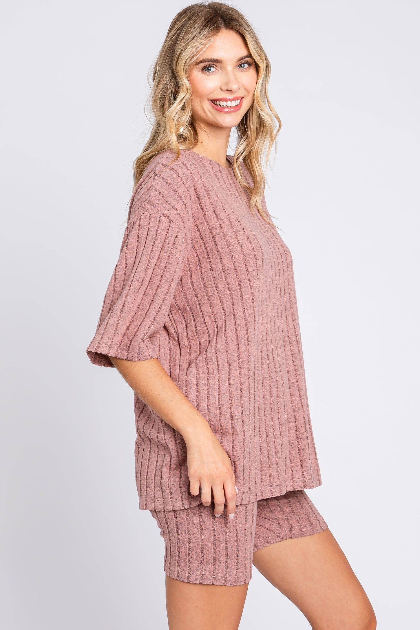Mauve Ribbed Soft Short Sleeve Shorts Set