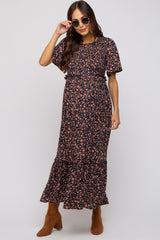 Navy Blue Floral Smocked Flutter Short Sleeve Maternity Midi Dress