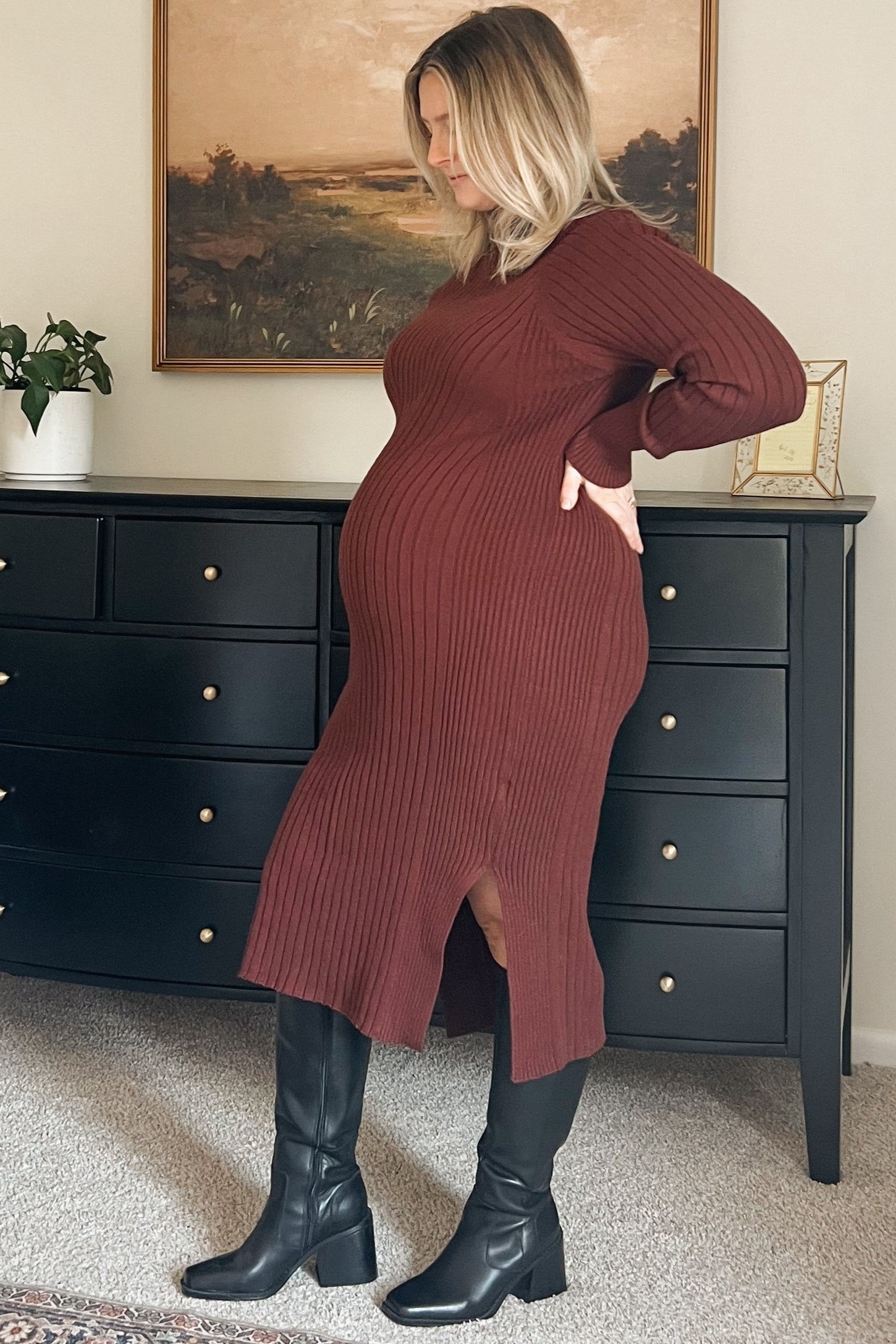 Brown Long Sleeve Turtleneck Maternity Sweater Dress