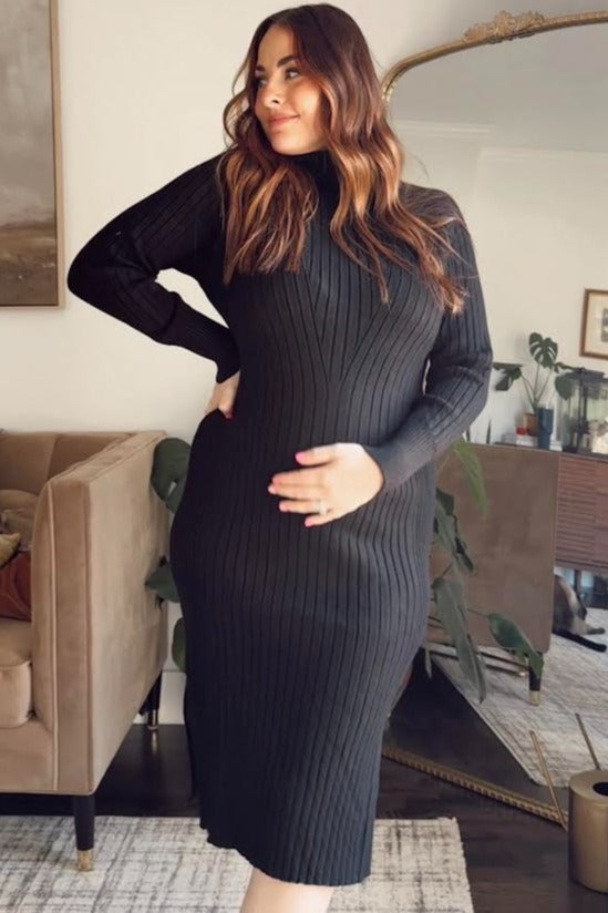 Black Long Sleeve Turtleneck Maternity Sweater Dress