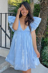 Blue Monochromatic Pastel And Shiny Sheen Mini Dress