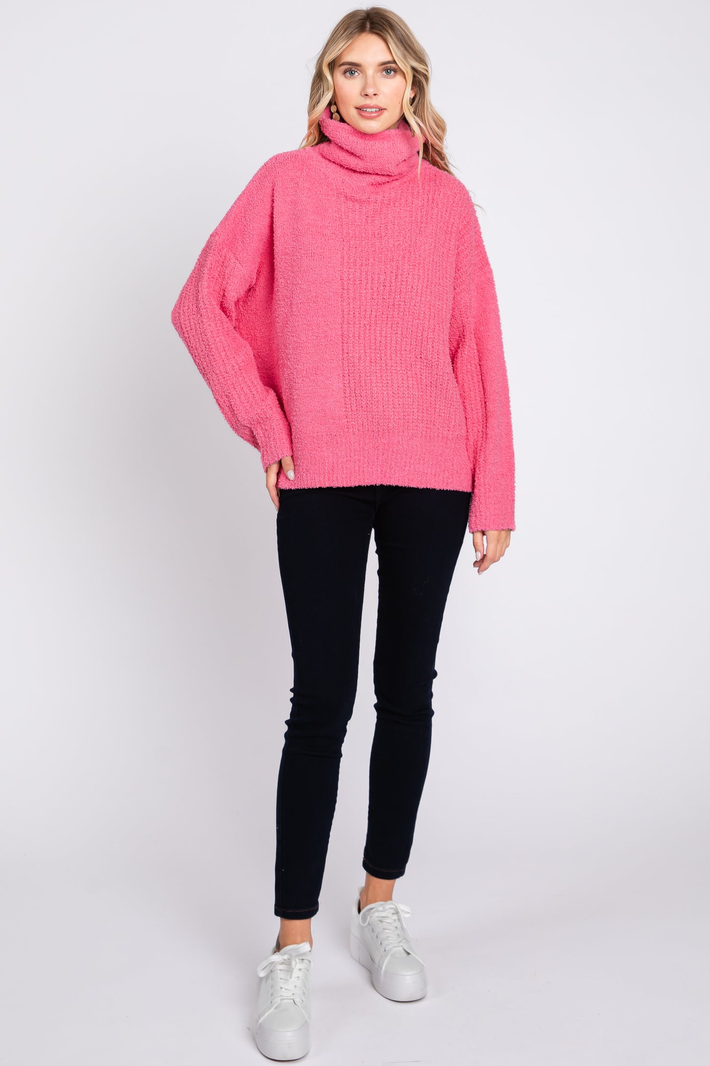 Pink Ribbed Boucle Knit Turtleneck Sweater