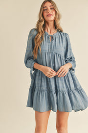 Dusty Denim Blue Tiered Long Sleeve Mini Dress