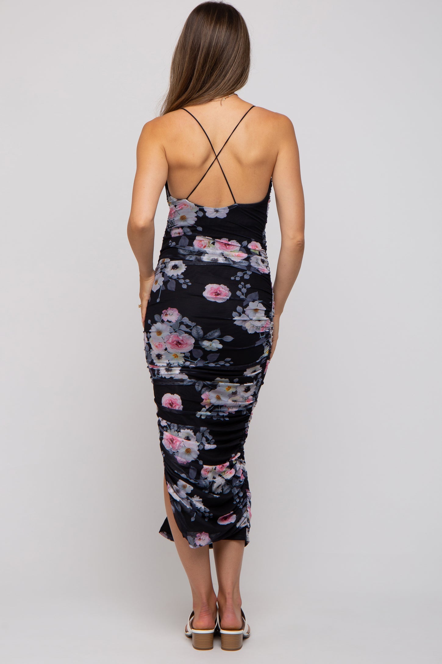 Black Floral Mesh Ruched Criss Cross Back Maternity Midi Dress