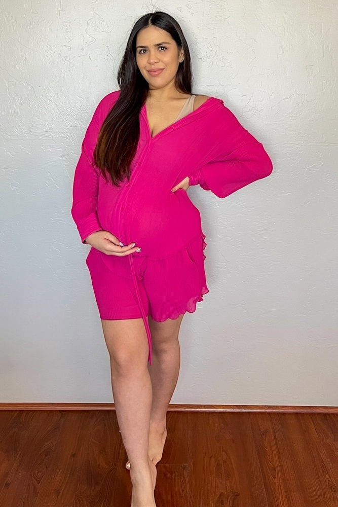 Fuchsia Pleated Long Sleeve Maternity Short Set