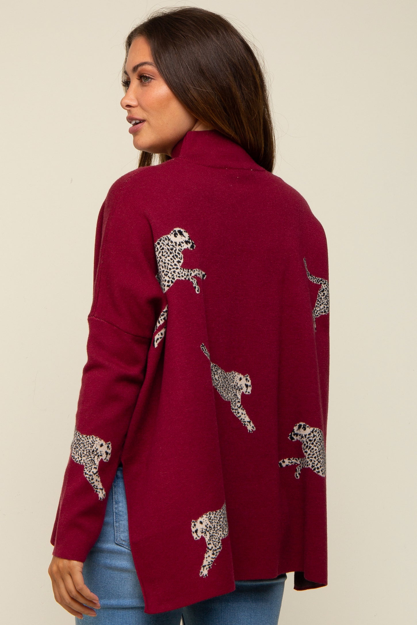 Burgundy Animal Print Side Slit Maternity Sweater