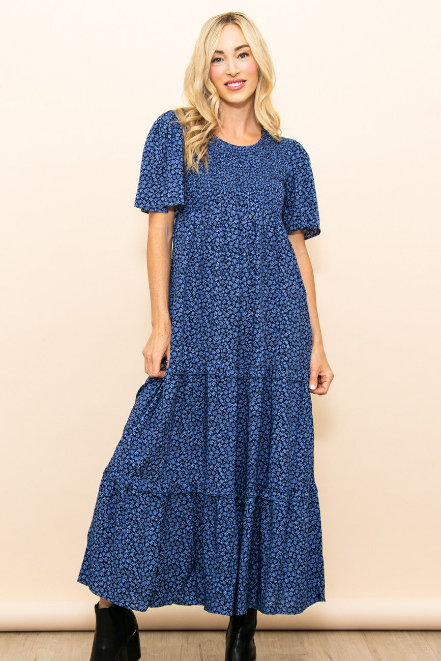 Blue Ditsy Floral Smocked Ruffle Tiered Maternity Midi Dress