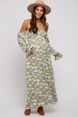 Teal Floral Print Off Shoulder Smocked Maternity Maxi Dress
