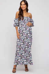 Black Floral Print Off Shoulder Smocked Maternity Maxi Dress