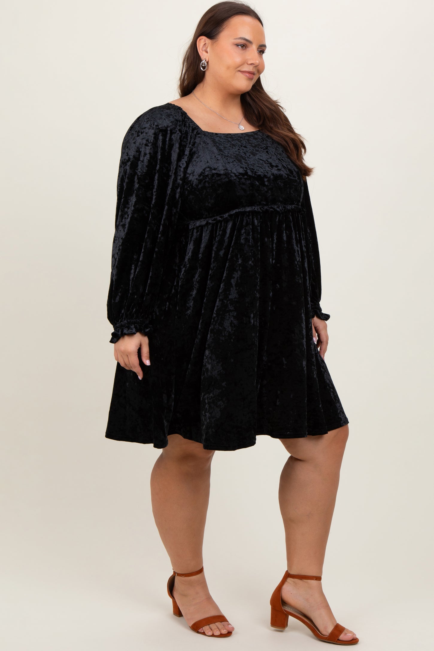 Black Velour Square Neck Plus Dress
