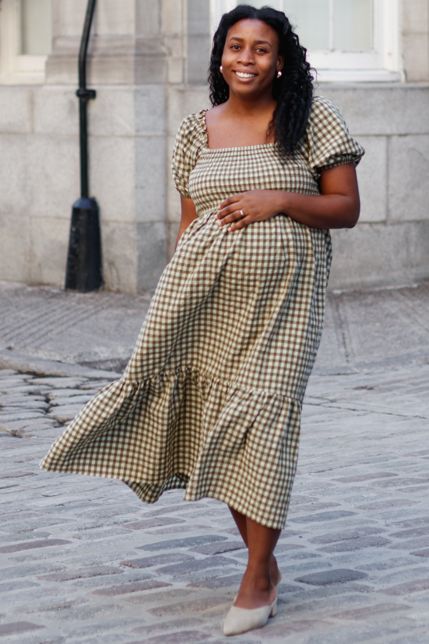 Olive Gingham Smocked Maternity Midi Dress
