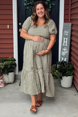 Olive Gingham Smocked Maternity Midi Dress