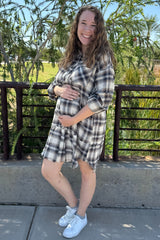 Taupe Plaid Button Down Raw Hem Maternity Dress