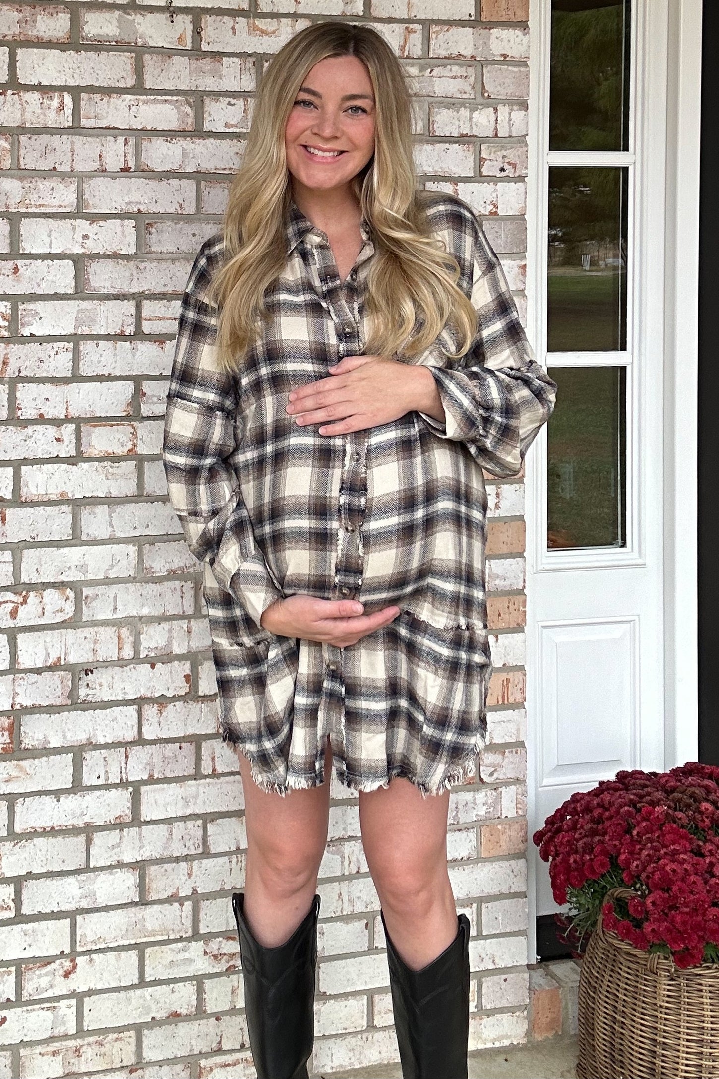 Taupe Plaid Button Down Raw Hem Maternity Dress