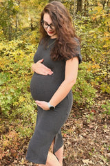 Charcoal Ribbed Short Sleeve Maternity Midi Dress