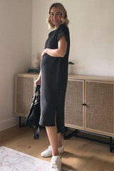 Charcoal Ribbed Short Sleeve Maternity Midi Dress